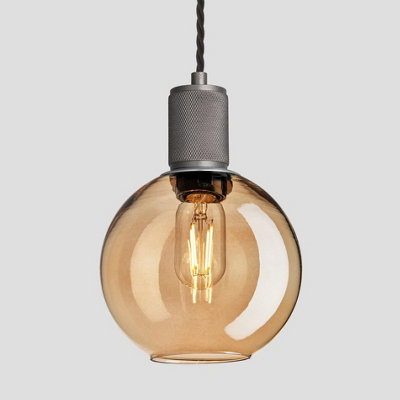 Industville Knurled Tinted Glass Globe Pendant Light, 7 Inch, Amber, Pewter Holder