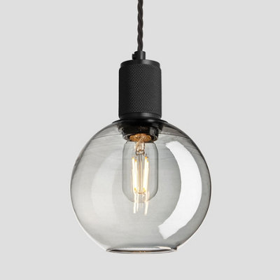 Industville Knurled Tinted Glass Globe Pendant Light, 7 Inch, Smoke Grey, Black Holder