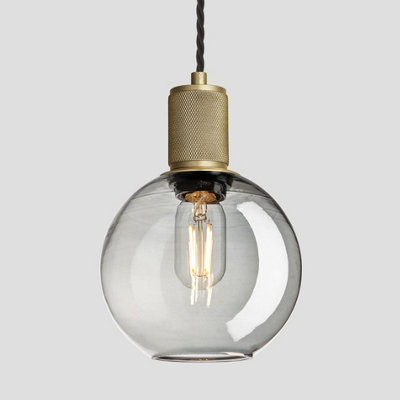 Industville Knurled Tinted Glass Globe Pendant Light, 7 Inch, Smoke Grey, Brass Holder