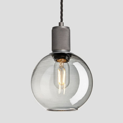 Industville Knurled Tinted Glass Globe Pendant Light, 7 Inch, Smoke Grey, Pewter Holder