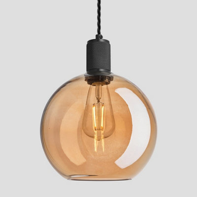 Industville Knurled Tinted Glass Globe Pendant Light, 9 Inch, Amber, Black Holder