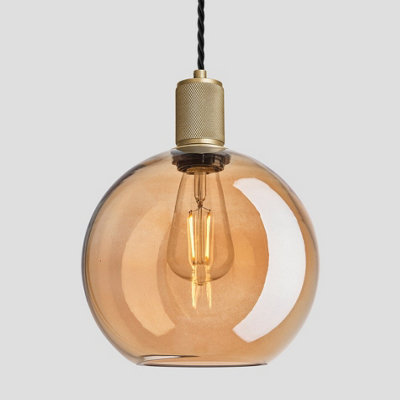 Industville Knurled Tinted Glass Globe Pendant Light, 9 Inch, Amber, Brass Holder