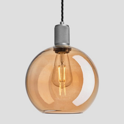 Industville Knurled Tinted Glass Globe Pendant Light, 9 Inch, Amber, Pewter Holder