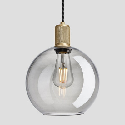 Industville Knurled Tinted Glass Globe Pendant Light, 9 Inch, Smoke Grey, Brass Holder