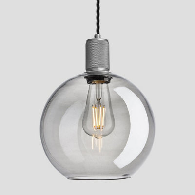 Industville Knurled Tinted Glass Globe Pendant Light, 9 Inch, Smoke Grey, Pewter Holder