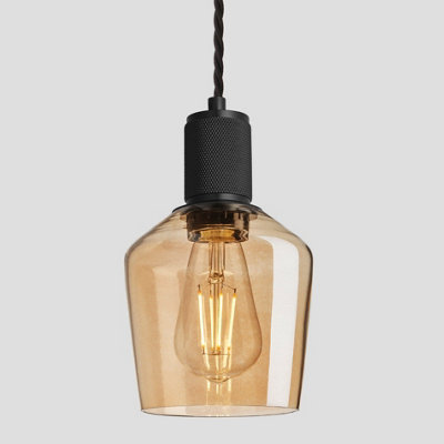 Industville Knurled Tinted Glass Schoolhouse Pendant, 5.5 Inch, Amber, Black Holder