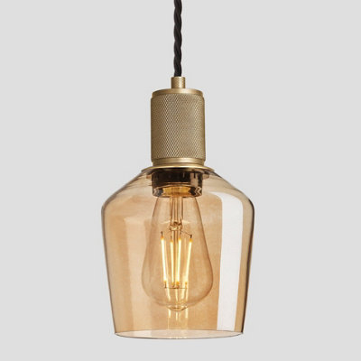 Industville Knurled Tinted Glass Schoolhouse Pendant, 5.5 Inch, Amber, Brass Holder