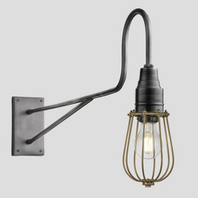 Industville Long Arm Wire Cage Wall Light, 4 Inch, Brass, Pewter Holder