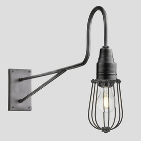 Industville Long Arm Wire Cage Wall Light, 4 Inch, Pewter, Pewter Holder