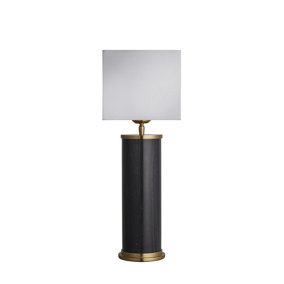 Industville Marble Pillar Cylinder Table Lamp in Black & Brass with Grey Small Cube Lampshade