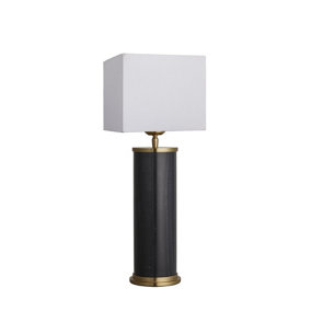 Industville Marble Pillar Cylinder Table Lamp in Black & Brass with White Small Cube Lampshade