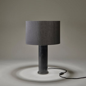 Industville Marble Pillar Cylinder Table Lamp in Black & Pewter with Grey Large Drum Lampshade