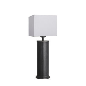 Industville Marble Pillar Cylinder Table Lamp in Black & Pewter with Grey Small Cube Lampshade