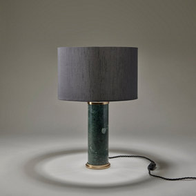 Industville Marble Pillar Cylinder Table Lamp in Green & Brass with Grey Large Drum Lampshade