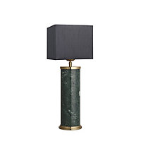 Industville Marble Pillar Cylinder Table Lamp in Green & Brass with Grey Small Cube Lampshade