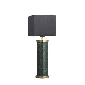 Industville Marble Pillar Cylinder Table Lamp in Green & Brass with Grey Small Cube Lampshade