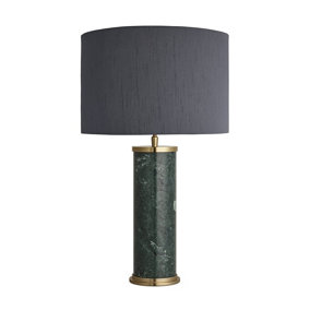 Industville Marble Pillar Cylinder Table Lamp in Green & Brass with Grey Small Empire Lampshade
