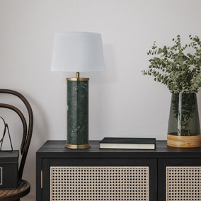 Industville Marble Pillar Cylinder Table Lamp in Green & Brass with White Large Drum Lampshade