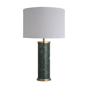 Industville Marble Pillar Cylinder Table Lamp in Green & Brass with White Small Empire Lampshade