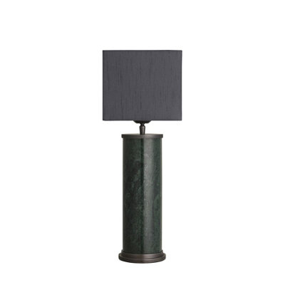 Industville Marble Pillar Cylinder Table Lamp in Green & Pewter with Grey Large Drum Lampshade