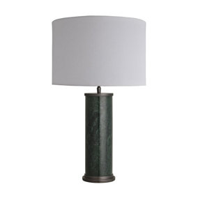 Industville Marble Pillar Cylinder Table Lamp in Green & Pewter with Grey Small Cube Lampshade