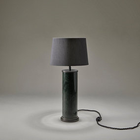 Industville Marble Pillar Cylinder Table Lamp in Green & Pewter with Grey Small Empire Lampshade