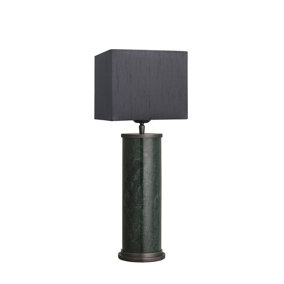 Industville Marble Pillar Cylinder Table Lamp in Green & Pewter with White Small Cube Lampshade