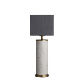 Industville Marble Pillar Cylinder Table Lamp in White & Brass with Grey Large Drum Lampshade