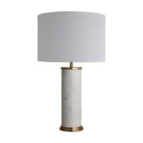 Industville Marble Pillar Cylinder Table Lamp in White & Brass with Grey Small Cube Lampshade