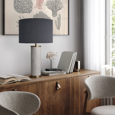 Industville Marble Pillar Cylinder Table Lamp in White Brass with Grey Small Empire Lampshade