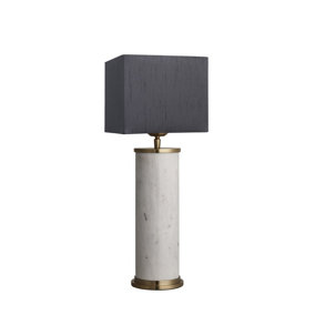 Industville Marble Pillar Cylinder Table Lamp in White & Brass with White Large Drum Lampshade