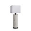 Industville Marble Pillar Cylinder Table Lamp in White & Pewter with Grey Large Drum Lampshade