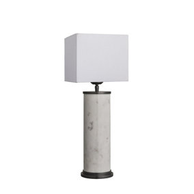 Industville Marble Pillar Cylinder Table Lamp in White & Pewter with Grey Large Drum Lampshade