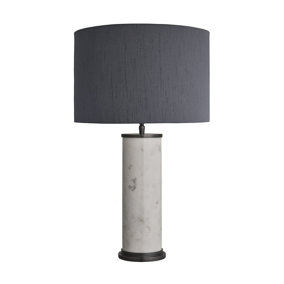 Industville Marble Pillar Cylinder Table Lamp in White & Pewter with Grey Small Cube Lampshade