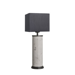 Industville Marble Pillar Cylinder Table Lamp in White & Pewter with Grey Small Empire Lampshade