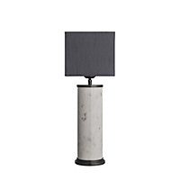 Industville Marble Pillar Cylinder Table Lamp in White & Pewter with White Large Drum Lampshade