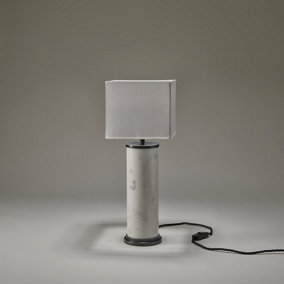 Industville Marble Pillar Cylinder Table Lamp in White & Pewter with White Small Cube Lampshade
