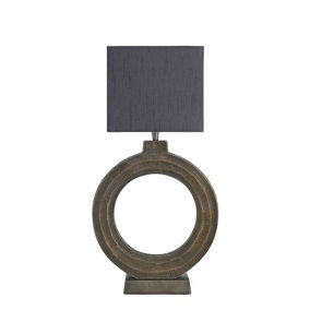 Industville Ornate Circle Table Lamp, Brass, Grey Small Cube Lampshade