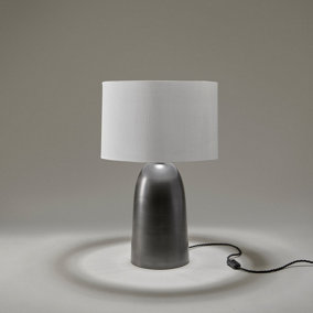 Industville Pillar Bell Table Lamp in Pewter with White Large Drum Lampshade