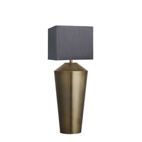 Industville Pillar Cone Table Lamp in Brass with Grey Large Drum Lampshade