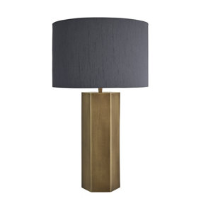 Industville Pillar Hex Table Lamp, Brass, Grey Large Drum Lampshade