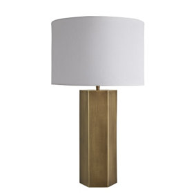 Industville Pillar Hex Table Lamp, Brass, White Large Drum Lampshade