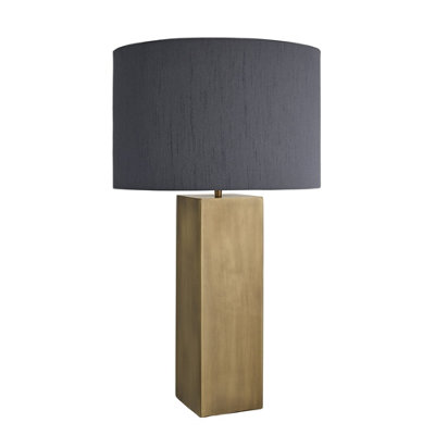 Industville Pillar Square Table Lamp, Brass, Grey Large Drum Lampshade