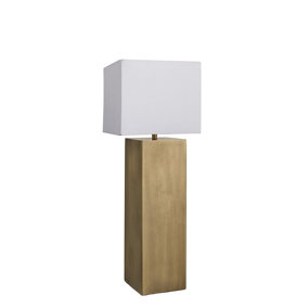 Industville Pillar Square Table Lamp, Brass, White Small Cube Lampshade