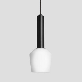 Industville Sleek Cylinder Opal Glass Schoolhouse Pendant Light, 5.5 Inch, White, Black Holder