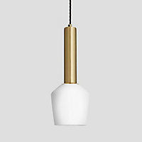 Industville Sleek Cylinder Opal Glass Schoolhouse Pendant Light, 5.5 Inch, White, Brass Holder