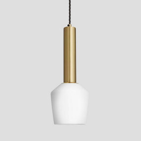 Industville Sleek Cylinder Opal Glass Schoolhouse Pendant Light, 5.5 Inch, White, Brass Holder