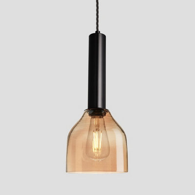 Industville Sleek Cylinder Tinted Glass Cone Pendant Light, 6 Inch, Amber, Black Holder