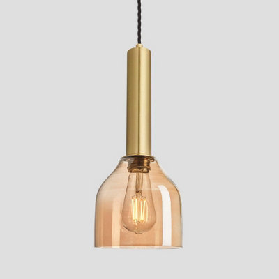 Industville Sleek Cylinder Tinted Glass Cone Pendant Light, 6 Inch, Amber, Brass Holder