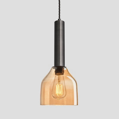 Industville Sleek Cylinder Tinted Glass Cone Pendant Light, 6 Inch, Amber, Pewter Holder